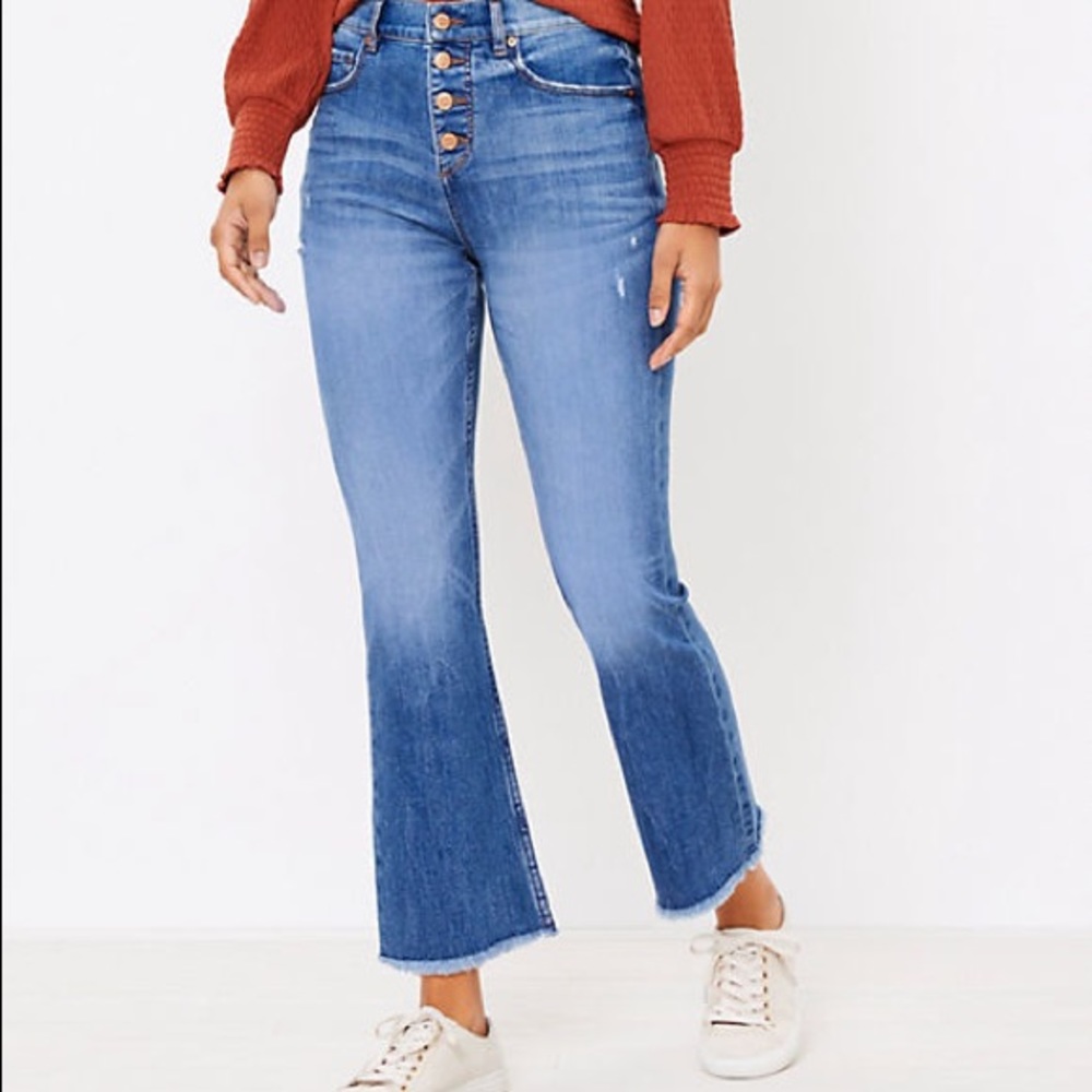 LOFT High Waist Button Fly Flare Crop Jeans in Light Indigo Wash size 33 NWOT